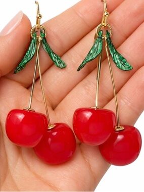 NWT Cherry Dangle Earrings Red Fruit Statement Jewelry Retro Style